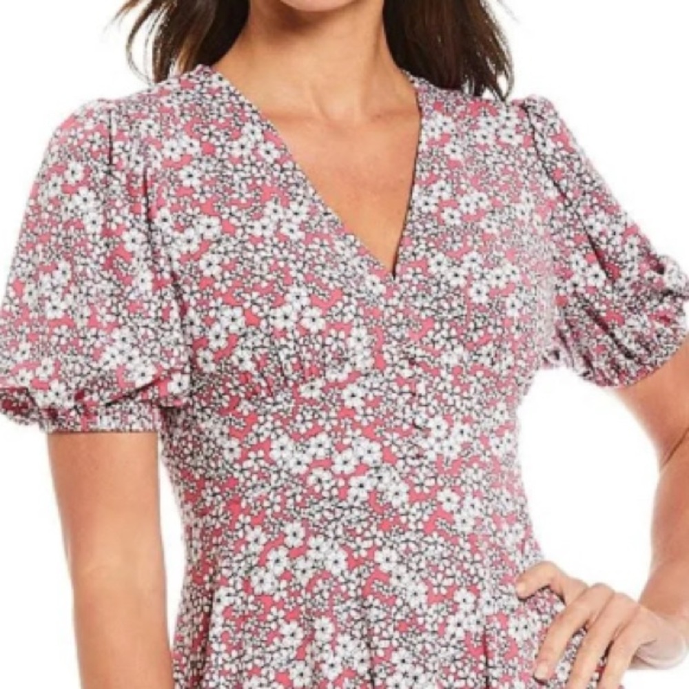 🌸 MICHAEL KORS Rose Pink Floral Mini Dress | Puff Sleeve V-Neck | Size M - Picture 2 of 13